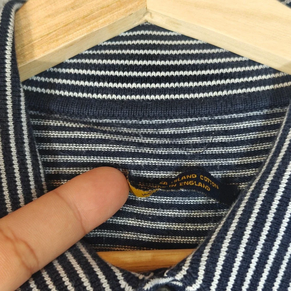 Vintage John Smedley Polo Shirt Mens XL Navy Blue White Striped Sea Island UK